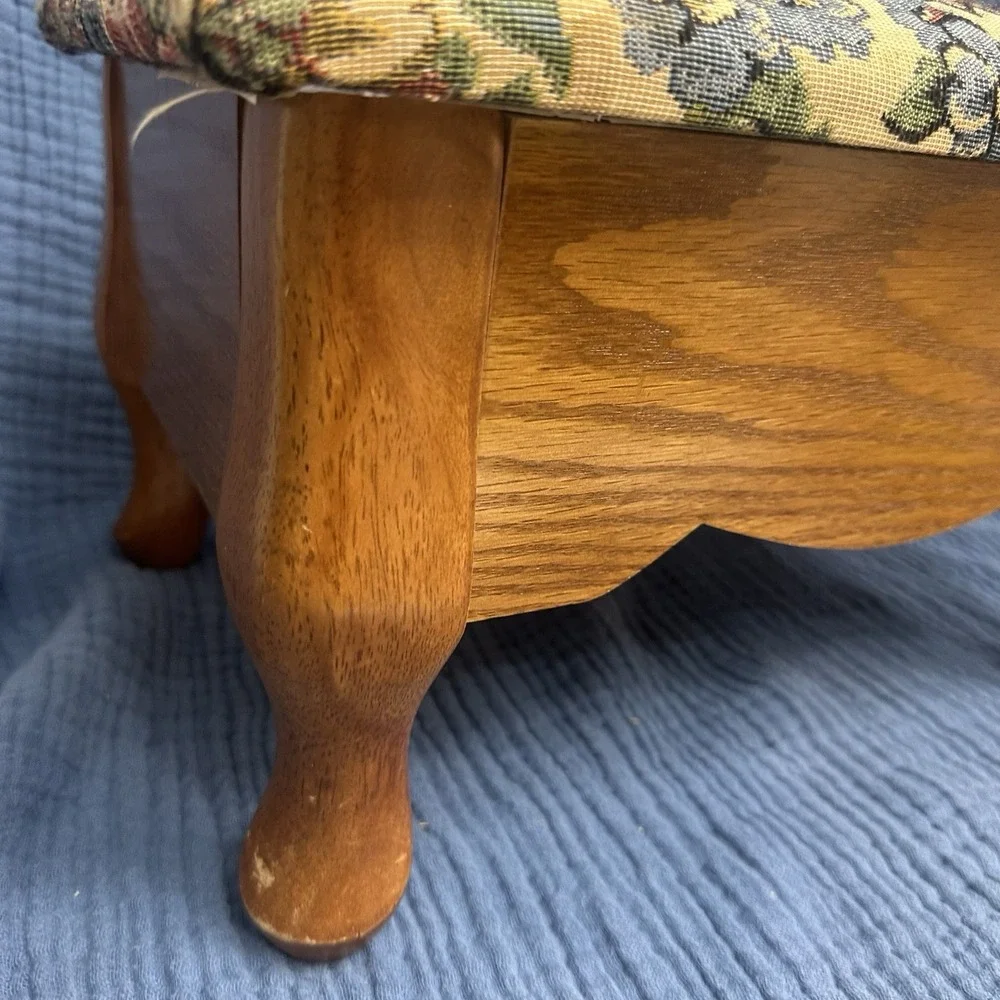 Vintage Wooden Tapestry Footstool Floral Upholstered Cushion Storage Bin Cottage